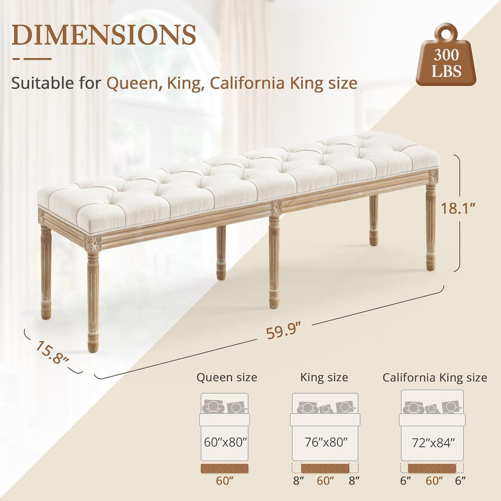 LUE BONA 60' Fabric End of Bed Bench, Upholstered Tufted French Bedroom Bench with Carved Legs for Bedroom End of King Size Bed, Living Room, Beige