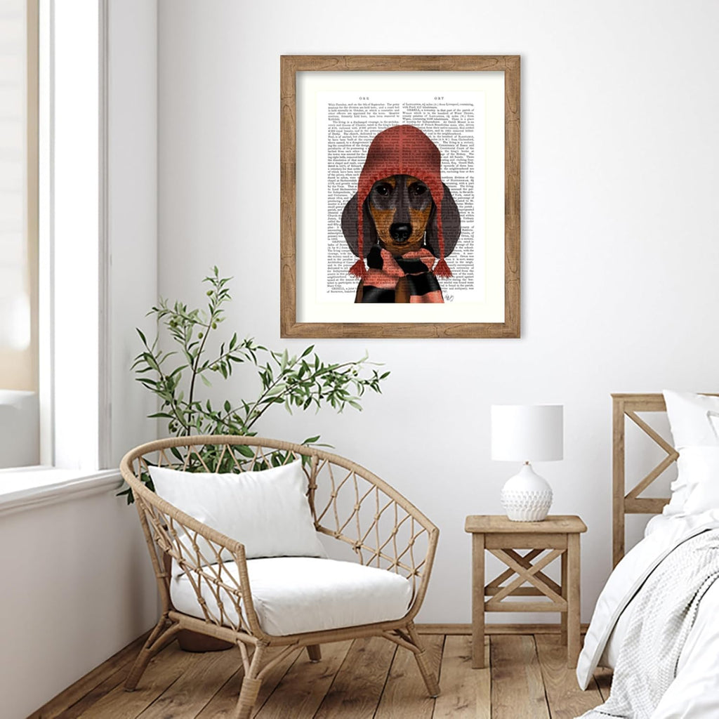 Amanti Art Framed Wall Art Print 36x30 Dachshund in Pink Hat and Scarf by Fab Funky, Animals Wall Art, Vintage Decor, Large Poster Painting Artwork for Living Room, Bedroom, Bathroom, Kitchen, Office