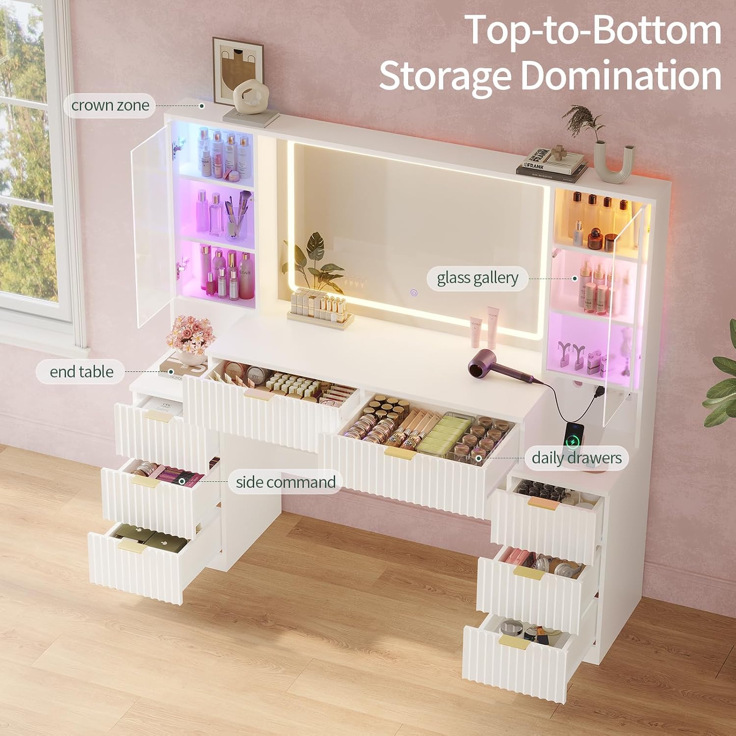 HAUOMS Big Vanity, Fluted Wood Makeup Vanity Desk with Mirror and Sound Sync LED Lights, Large Vanity Dressing Table, 8 Drawers, Charging Station for Girls, Women (White, 59.1' Width)