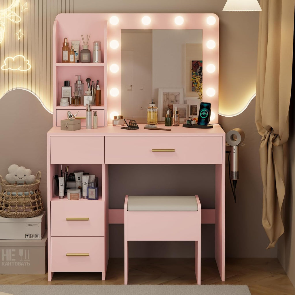 Otterease Vanity Desk with LED Lighted Mirror&Power Outlet, 3 Lighting Colors Makeup Vanity Desk with 5 Large Drawers and 3 Storage Shelves, Pink Vanity with Storage Stool for Bedroom