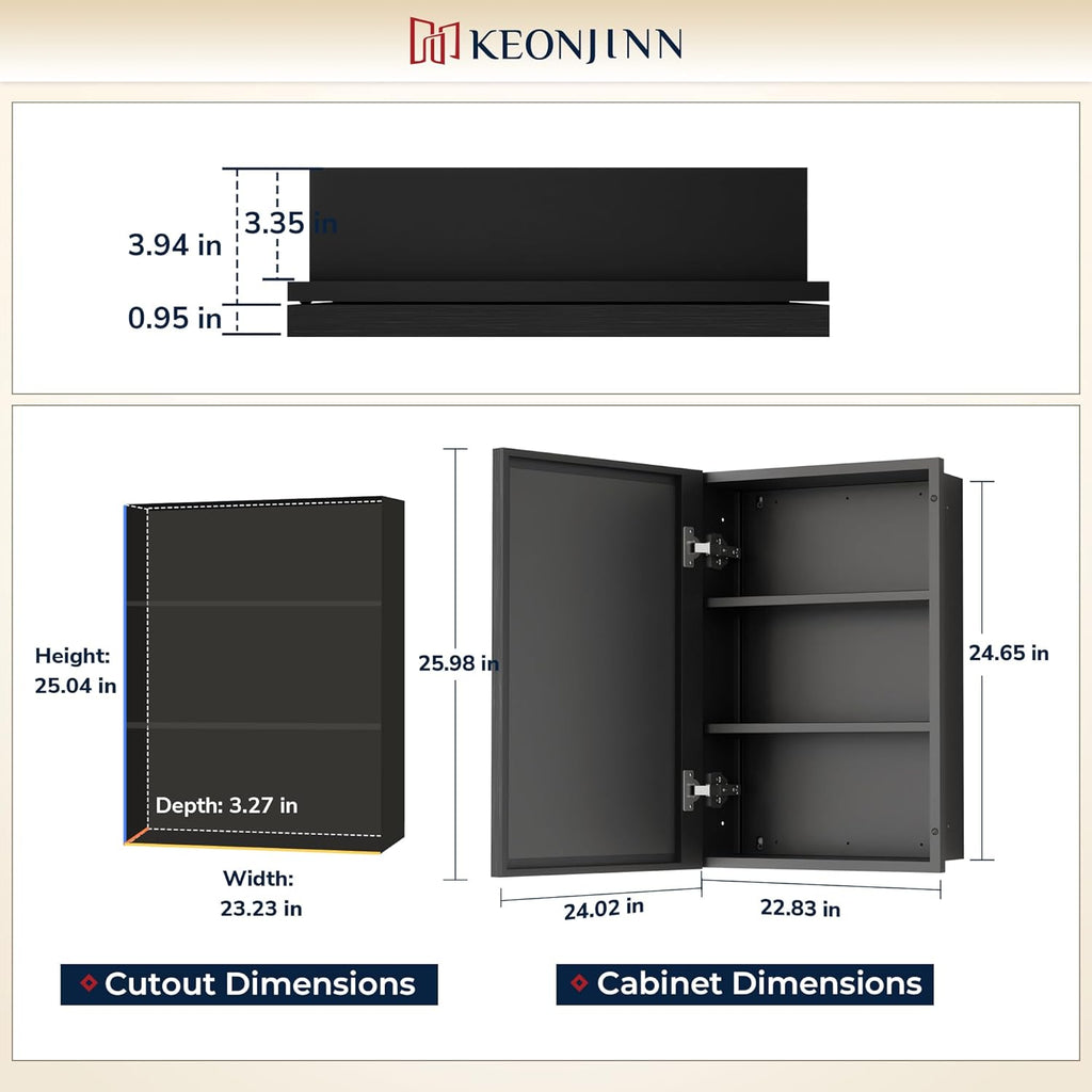 Keonjinn 24' x 26' Black Medicine Cabinets with Mirror, Fully Assembled, Recessed or Wall-Mounted Bathroom Medicine Cabinet, Aluminum Alloy Framed, Single Door Metal Bathroom Mirror with Storage