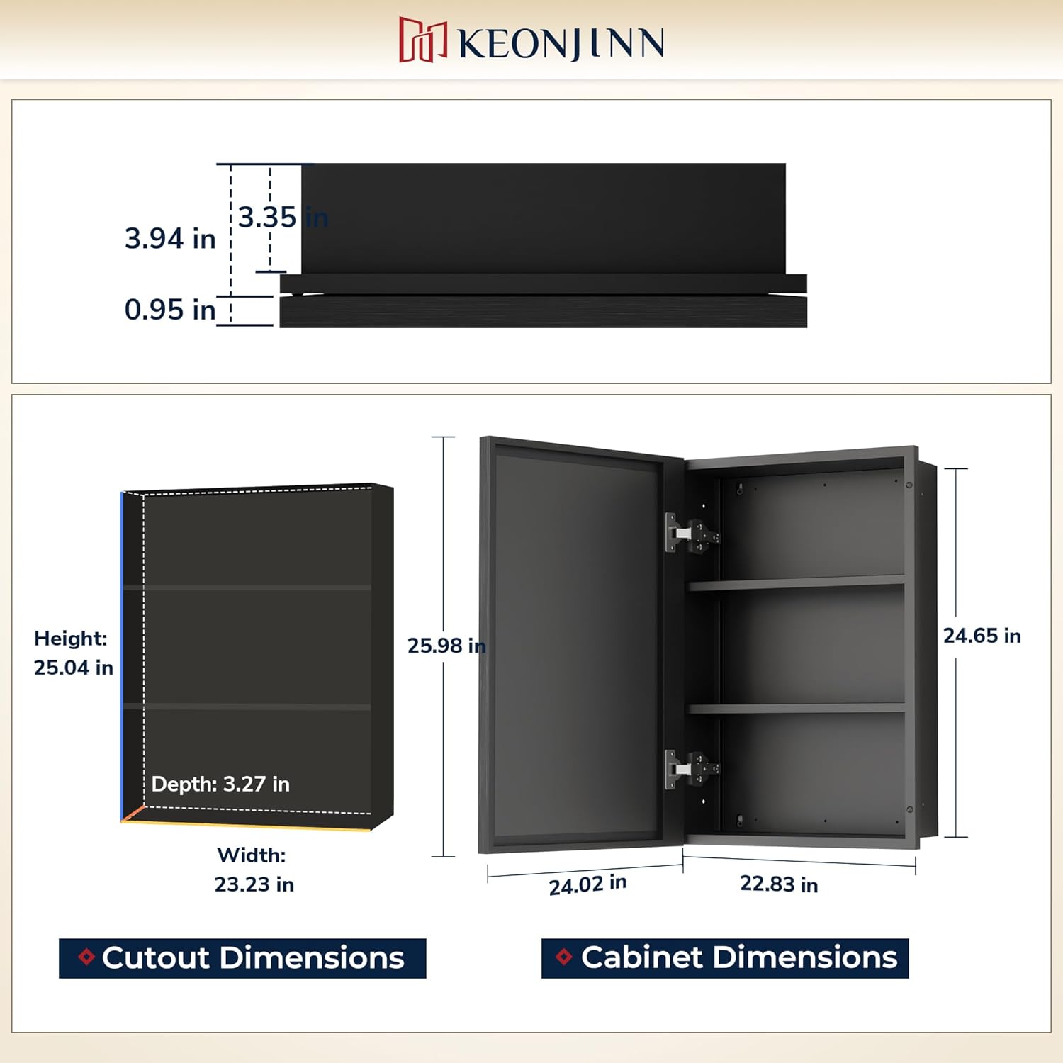 Keonjinn 24' x 26' Black Medicine Cabinets with Mirror, Fully Assembled, Recessed or Wall-Mounted Bathroom Medicine Cabinet, Aluminum Alloy Framed, Single Door Metal Bathroom Mirror with Storage