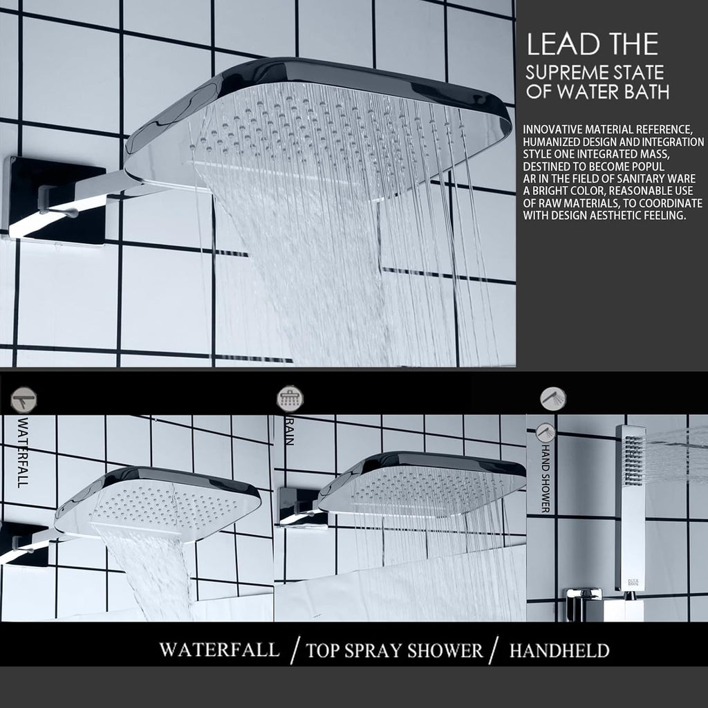 Chrome Polished Waterfall Rain Shower Head System Wall Mounted Brass Hotel Shower and Handheld Sprays Massage Spa Body Combo Set