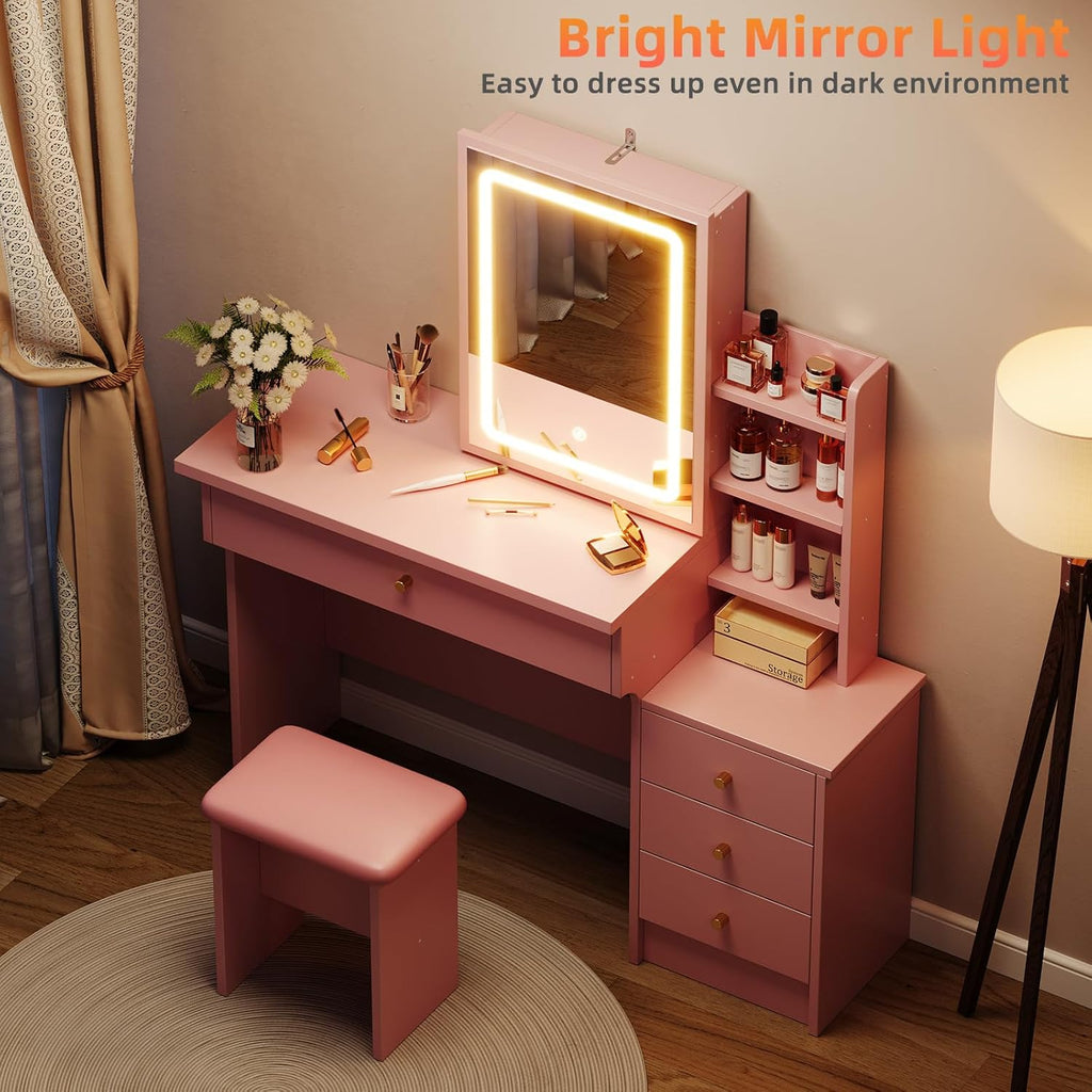 Memobarco Vanity Desk with Mirror and Lights, Makeup Vanity with 3 Adjustable Lighting Modes, Small Vanity Desk with Sliding Mirror, 4 Drawers, 7 Shelves, Vanity Chair for Bedroom, Pink