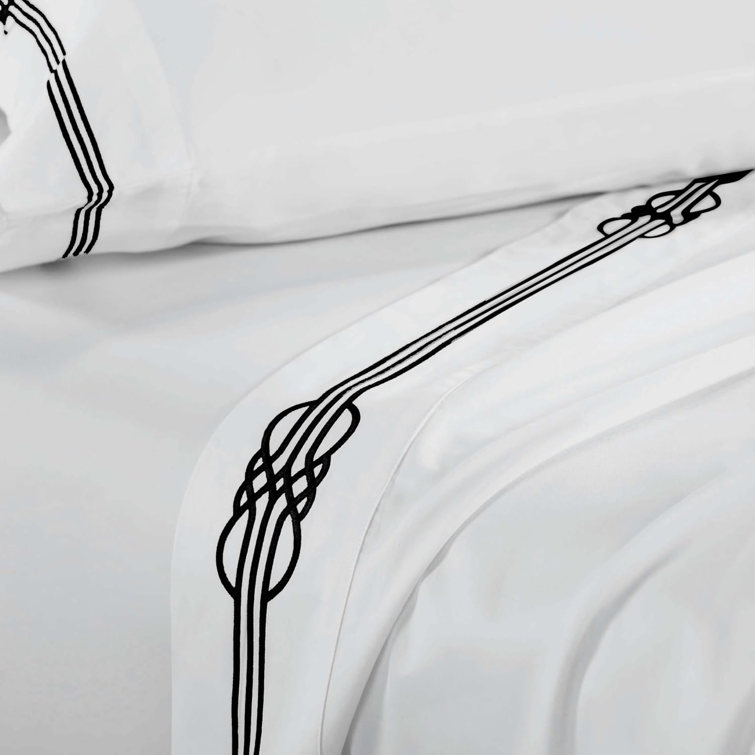 Superior Embroidered Cotton Bed Sheet Set, 1 Elastic Deep Pocket Fitted Sheet, 1 Flat Sheet, 2 Pillowcases, Daily Soft Sheets, Luxury, Elegant Design, Moonlawn Collection, King Size, White/Black