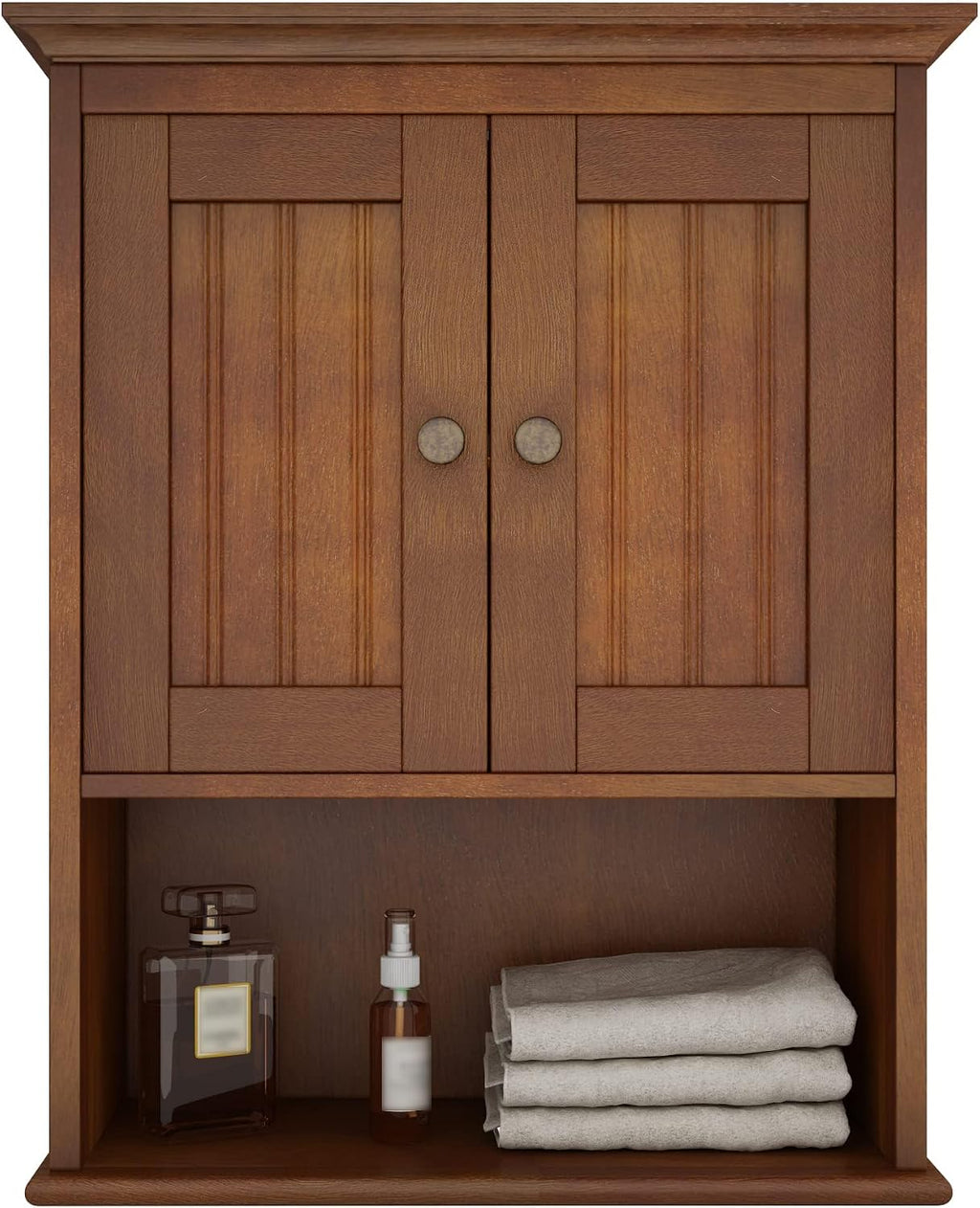 Treocho Wood Wall Cabinet, Bathroom Medicine Cabinet Storage with Doors and Adjustable Shelf, Rustic Cabinet Wall Mounted for Bathroom, Livingroom, Kitchen, Cupboard, Reddish Brown