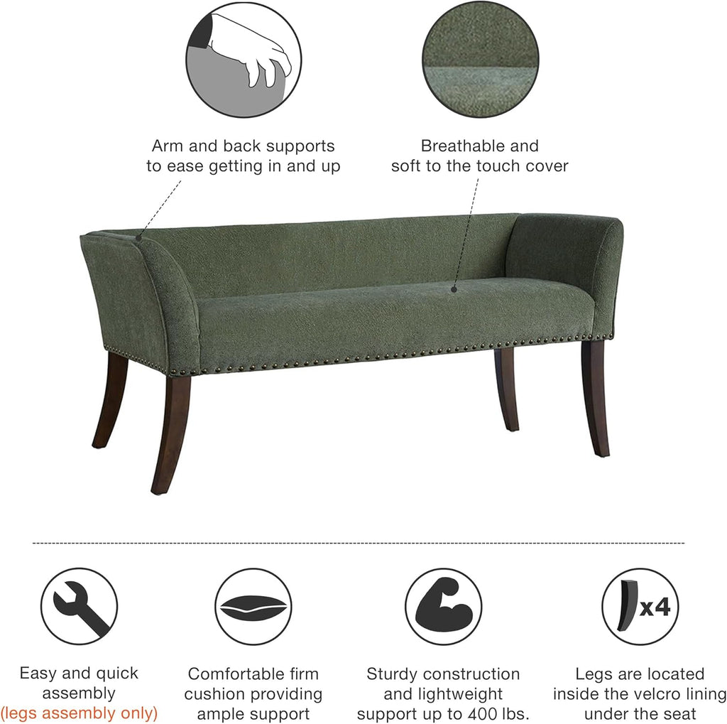 Madison Park Accent Bench, Plush Upholstered, Nailhead Trim, & Padded Seat Entryway Bench Small, End of Bed Bench with Back, 49.5' W x 19.25' D x 23' H, Green