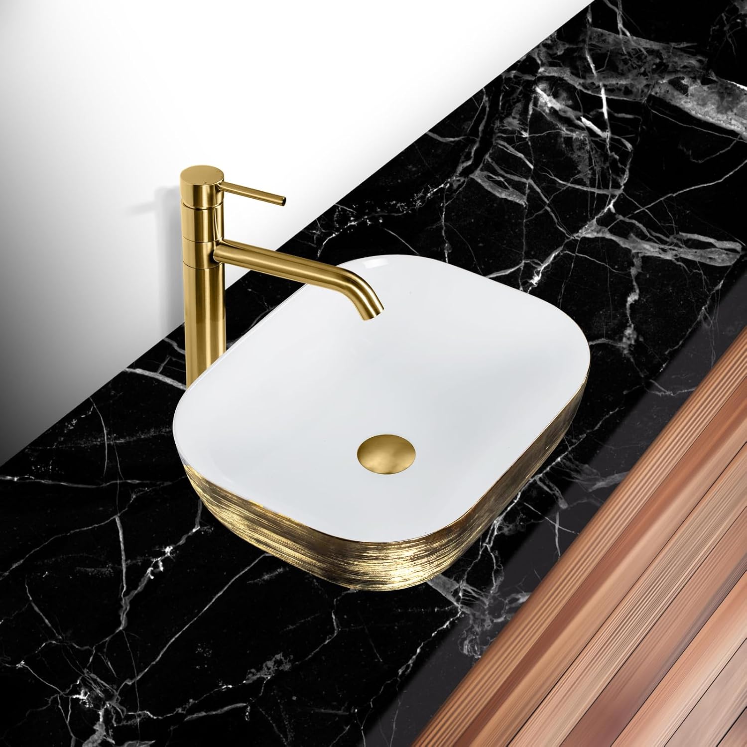 Strictly Sinks 19 Inch Rectangular Gold & White Ceramic Countertop Vessel Sink Easy to Install Above Counter Luxurious Bathroom Sink (19-3/4' W x 16' L x 6'H)