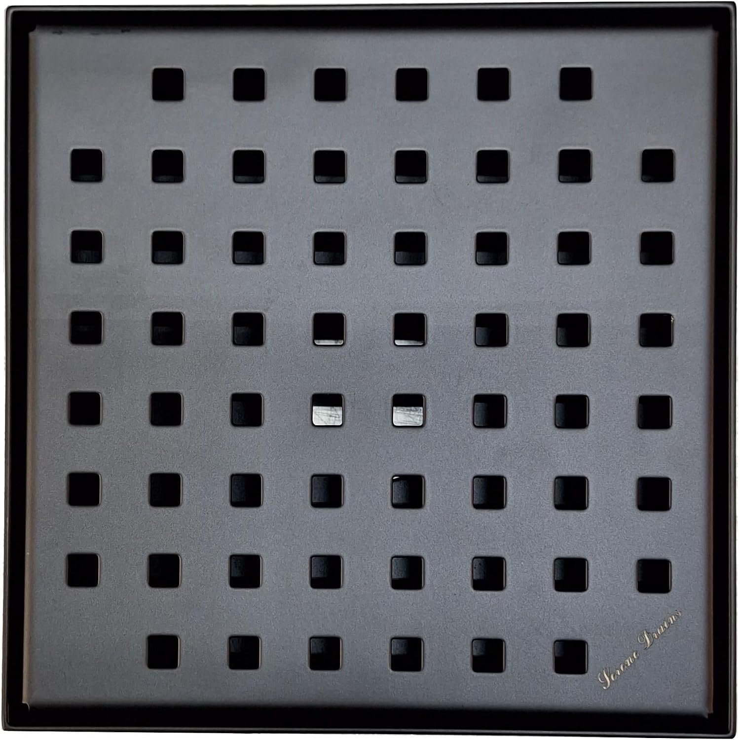 Serene Square Shower Drains - Traditional Square Design 6 Inch- stainless steel Luxurious line by Serene Steam include Rubber fitting (Matte Black)