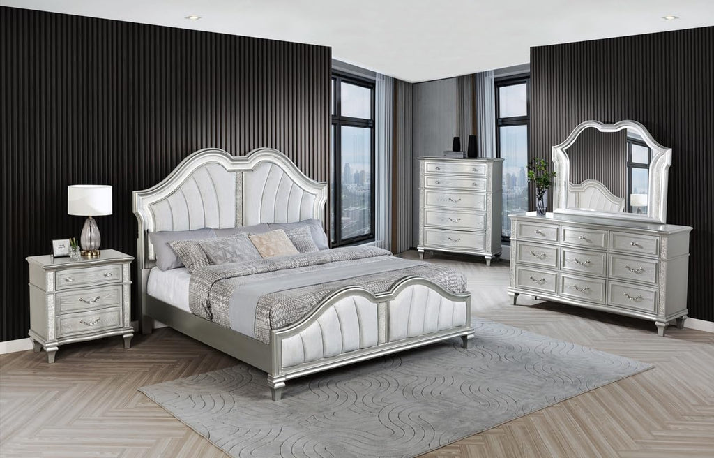 Best Quality Furniture Silver Embossed Wood Bedroom Set with King Panel Bed