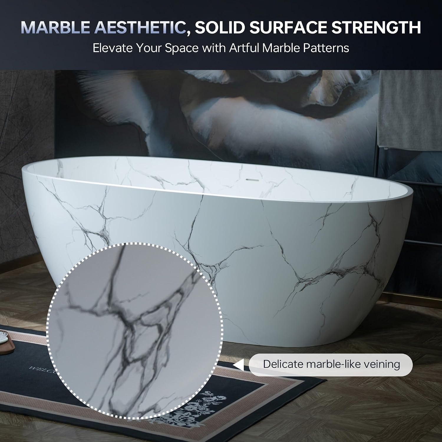 WOODBRIDGE 63' Marble-Pattern Stone Resin Freestanding Soaking Tub, Modern Oval Solid Surface Bathtub with Integrated Slotted Overflow & Drain, Matte Finish, CST0744