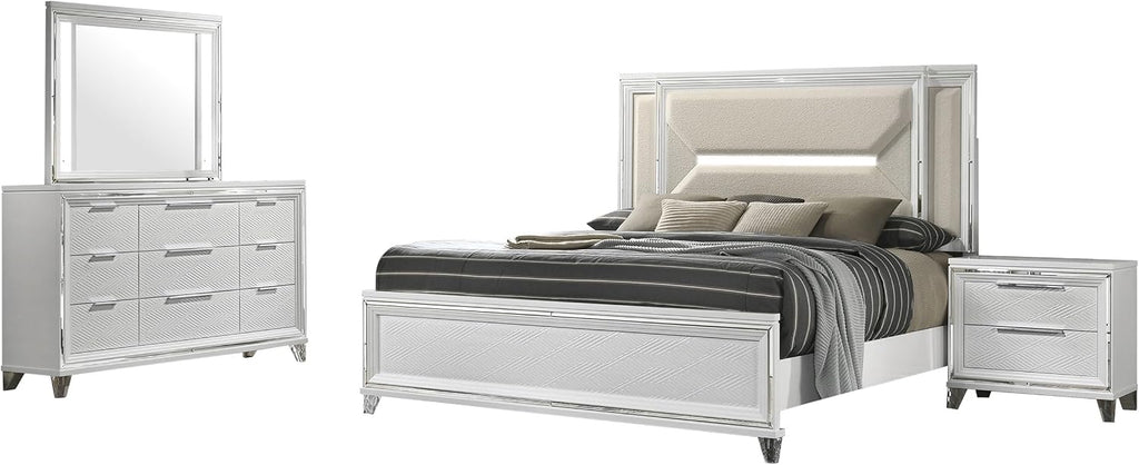 Coaster Home Furnishings Marmore Contemporary 4-Piece Bedroom Set Boucle Upholstered Queen Size LED Panel Bed Frame 64-inch Headboard White 224961Q-S4