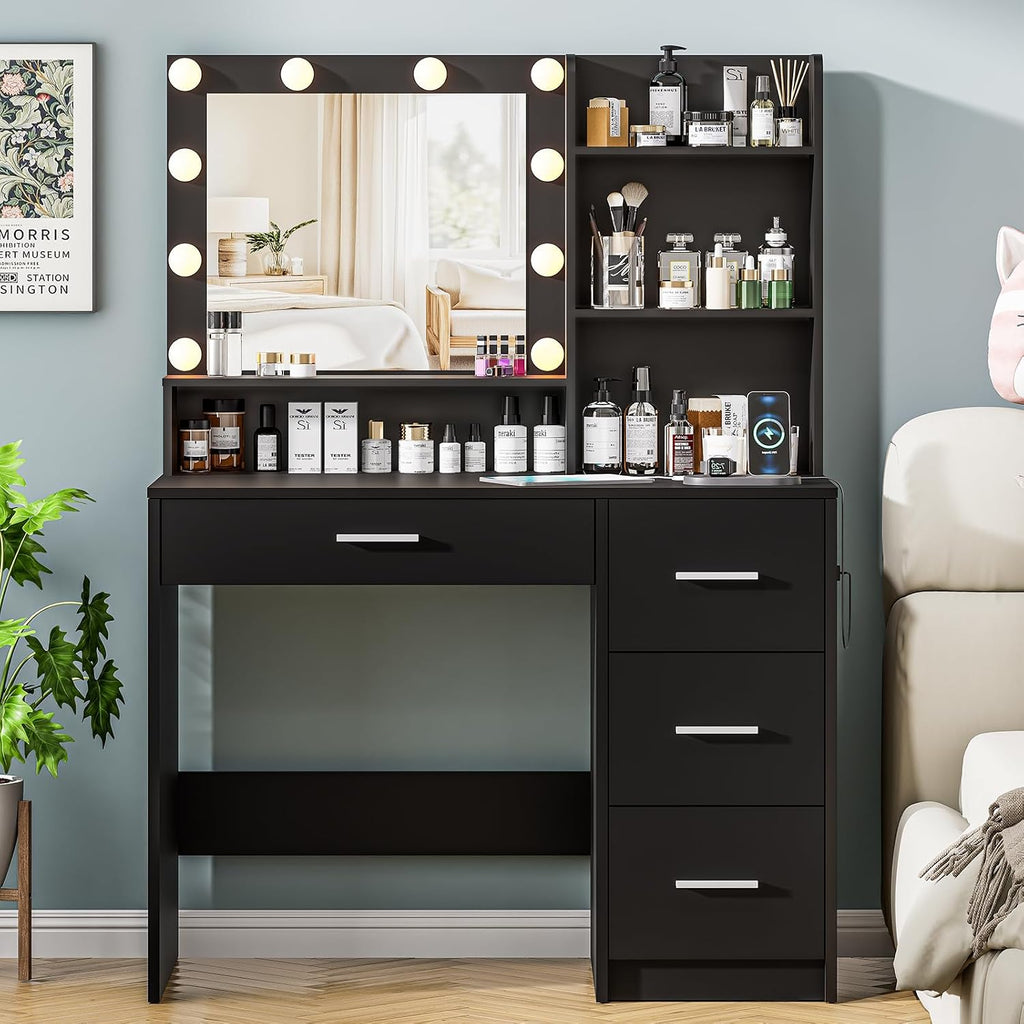 DINGIPP Vanity Desk with Lighted Mirror and Charging Station, Makeup Vanity with 4 Drawers & Storage Shelves,Makeup Desk 3 Color Lights Modes Available, Bedroom Dressing Table for Women, Girls