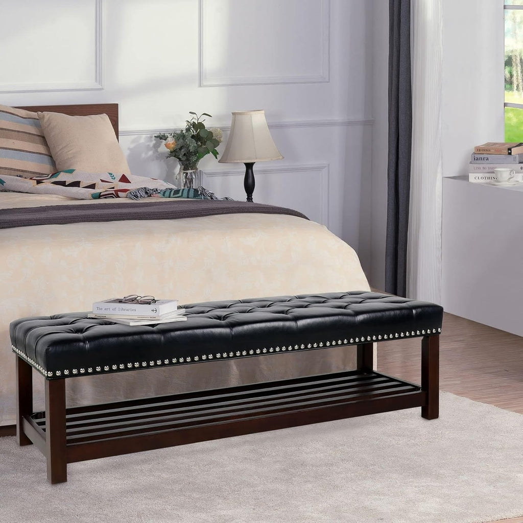 60in Button-Tufted Leather Indoor Bench,Black Upholstered Shoe Bench Entryway, Bedroom Bench Seat, End of Bed Ottoman, Vanity Bench with Wooden Base Shoes Rack (Black+Wooden)