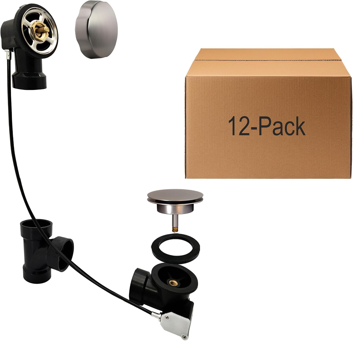 Westbrass D50A27-07 27' Cable Drive Standard Bath Drain Trim Kit with Rotary Overflow Cover Knob, Pop-Up Stopper and Sch. 40 ABS Fittings, Satin Nickel (12-Pack)