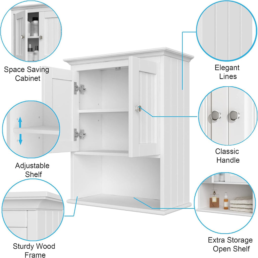 Treocho Wood Wall Cabinet, Bathroom Medicine Cabinet Storage with Doors and Adjustable Shelf, Rustic Cabinet Wall Mounted for Bathroom, Livingroom, Kitchen, Cupboard, White
