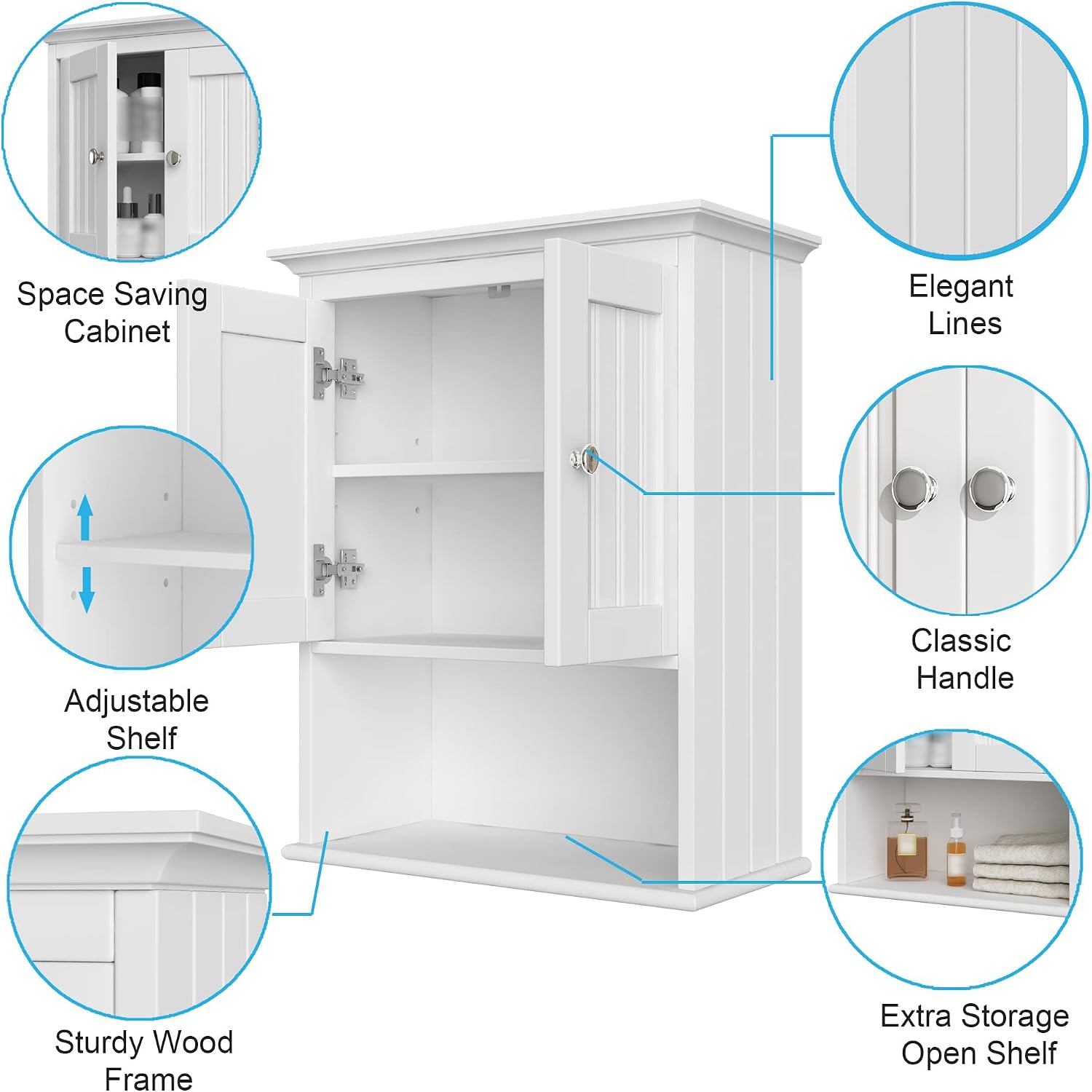 Treocho Wood Wall Cabinet, Bathroom Medicine Cabinet Storage with Doors and Adjustable Shelf, Rustic Cabinet Wall Mounted for Bathroom, Livingroom, Kitchen, Cupboard, White
