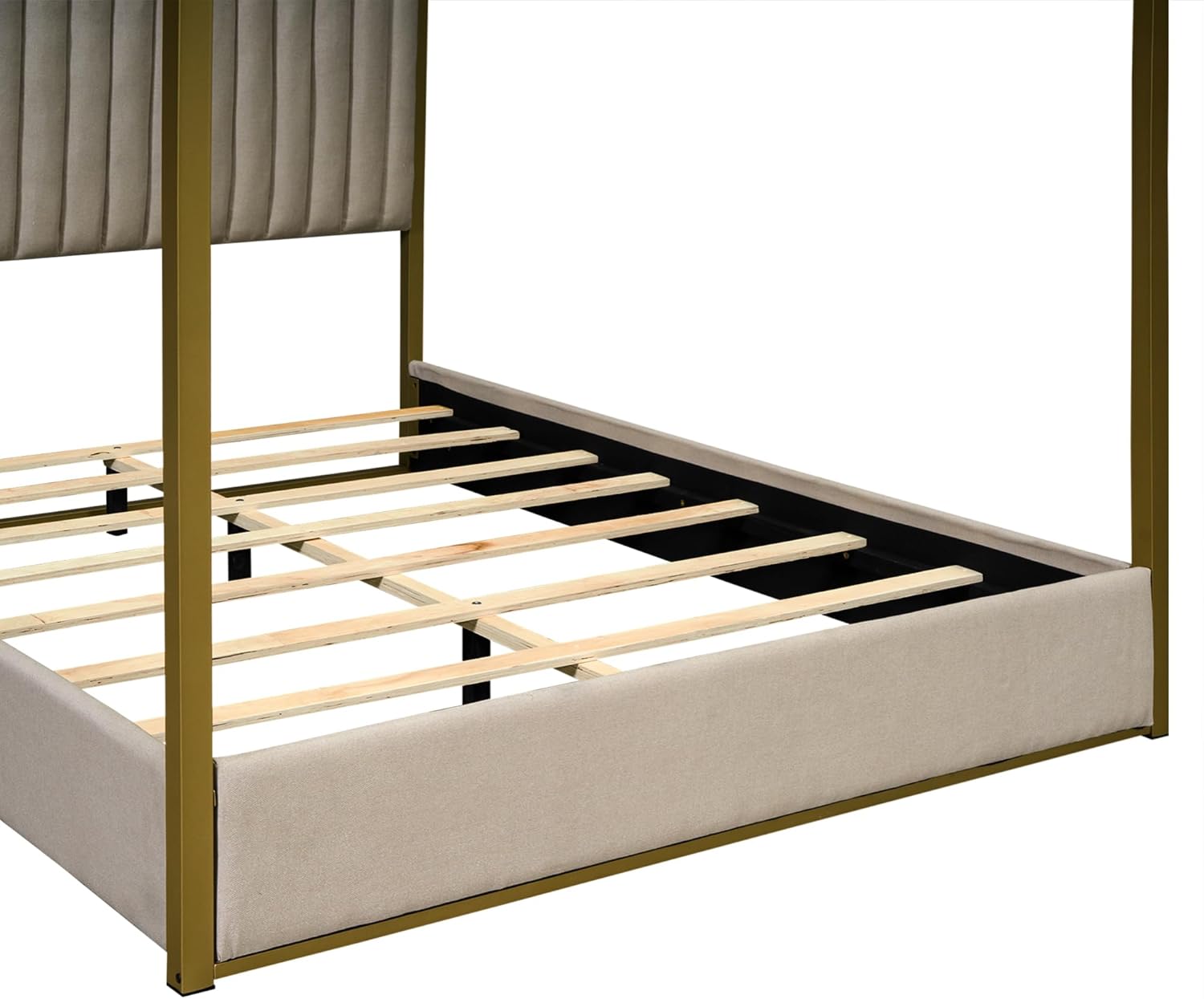 Modern 4-Poster Canopy Platform Bed Queen Size with Channel Upholstery Tufted Headboard, Gold Metal Canopied Design Platform Bed Frame with Strong Slats Support (Beige+U)