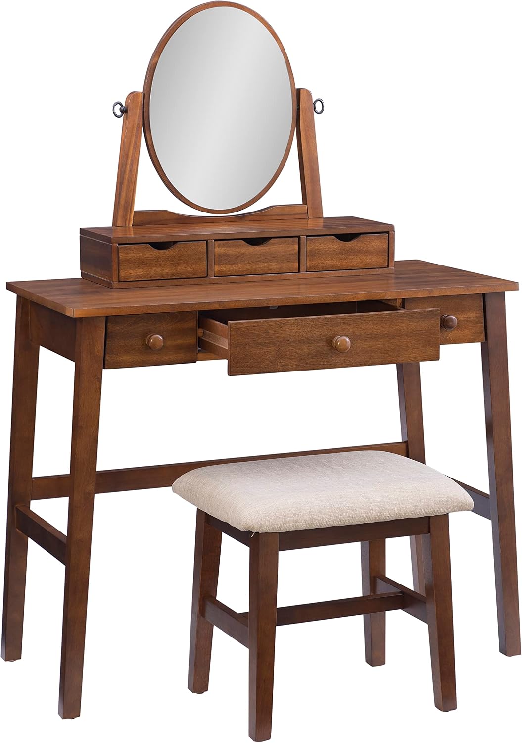 Linon MidCentury Walnut Upholstered Seat Beverly Vanity Set, Medium