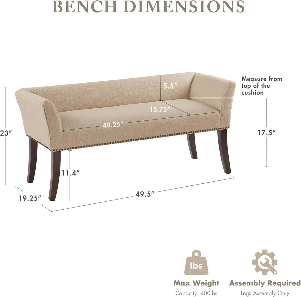 Madison Park Accent Bench, Upholstered with Nailhead Trim, & Padded Seat Entryway Bench Small, End of Bed Bench with Back, 49.5' W x 19.25' D x 23' H, Tan
