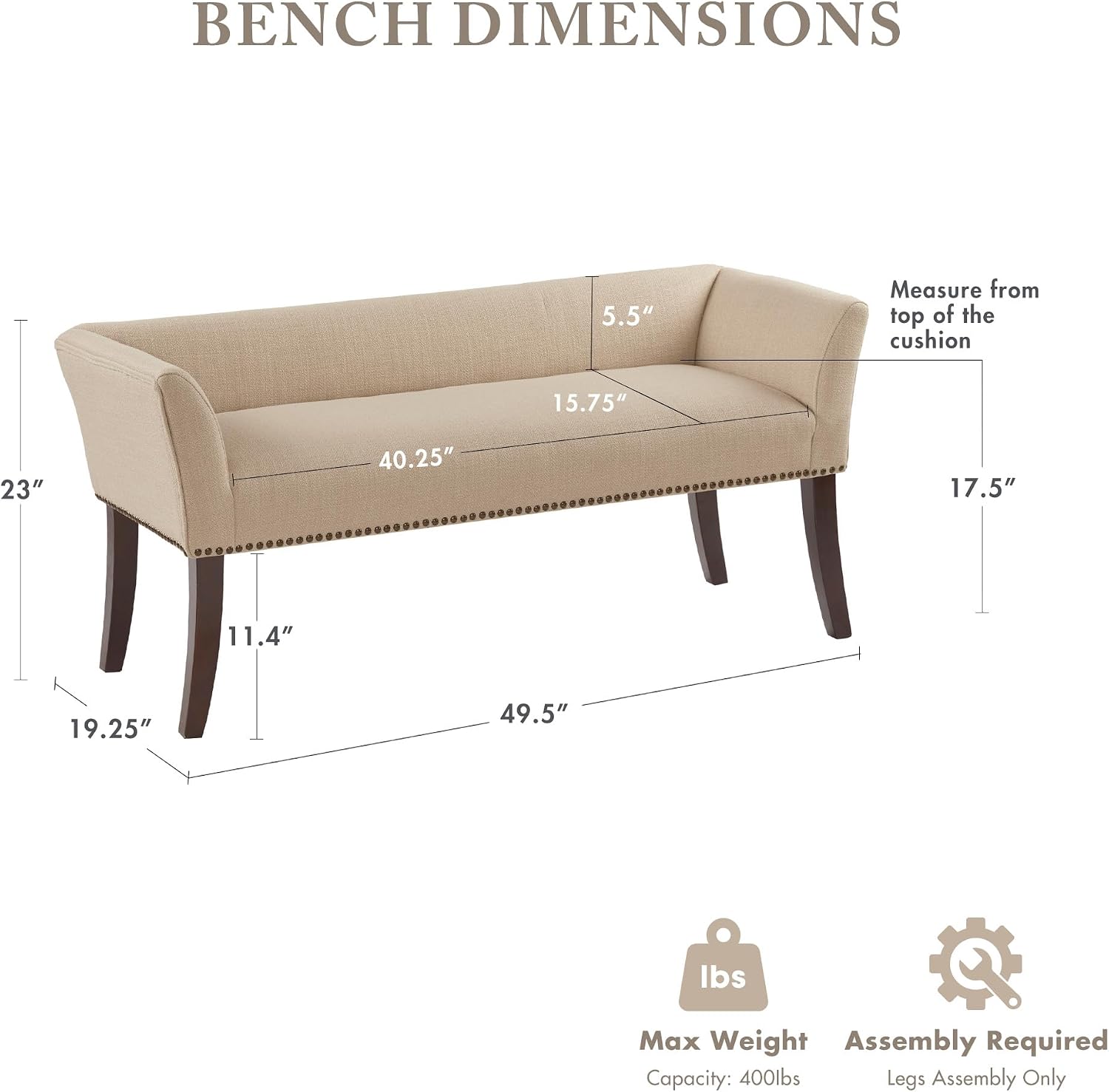 Madison Park Accent Bench, Upholstered with Nailhead Trim, & Padded Seat Entryway Bench Small, End of Bed Bench with Back, 49.5' W x 19.25' D x 23' H, Tan