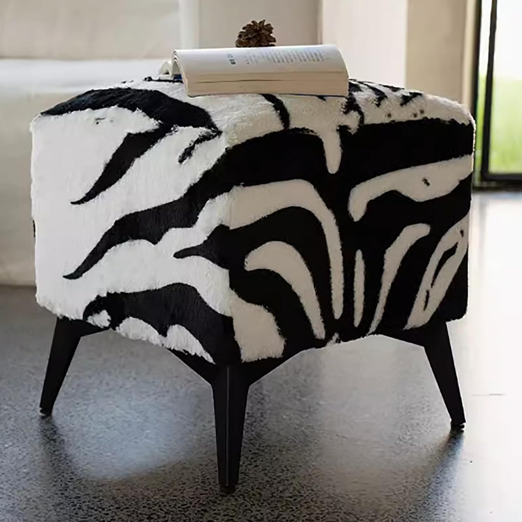 Square Footstool Ottoman,Vanity Stool Chair with Metal Leg,Furry Faux Cowhide Shoe Changing Bench for Vanity Entryway Bathroom Living Room Bedroom(17.3 * 15.7 * 15.7inch, Zebra)