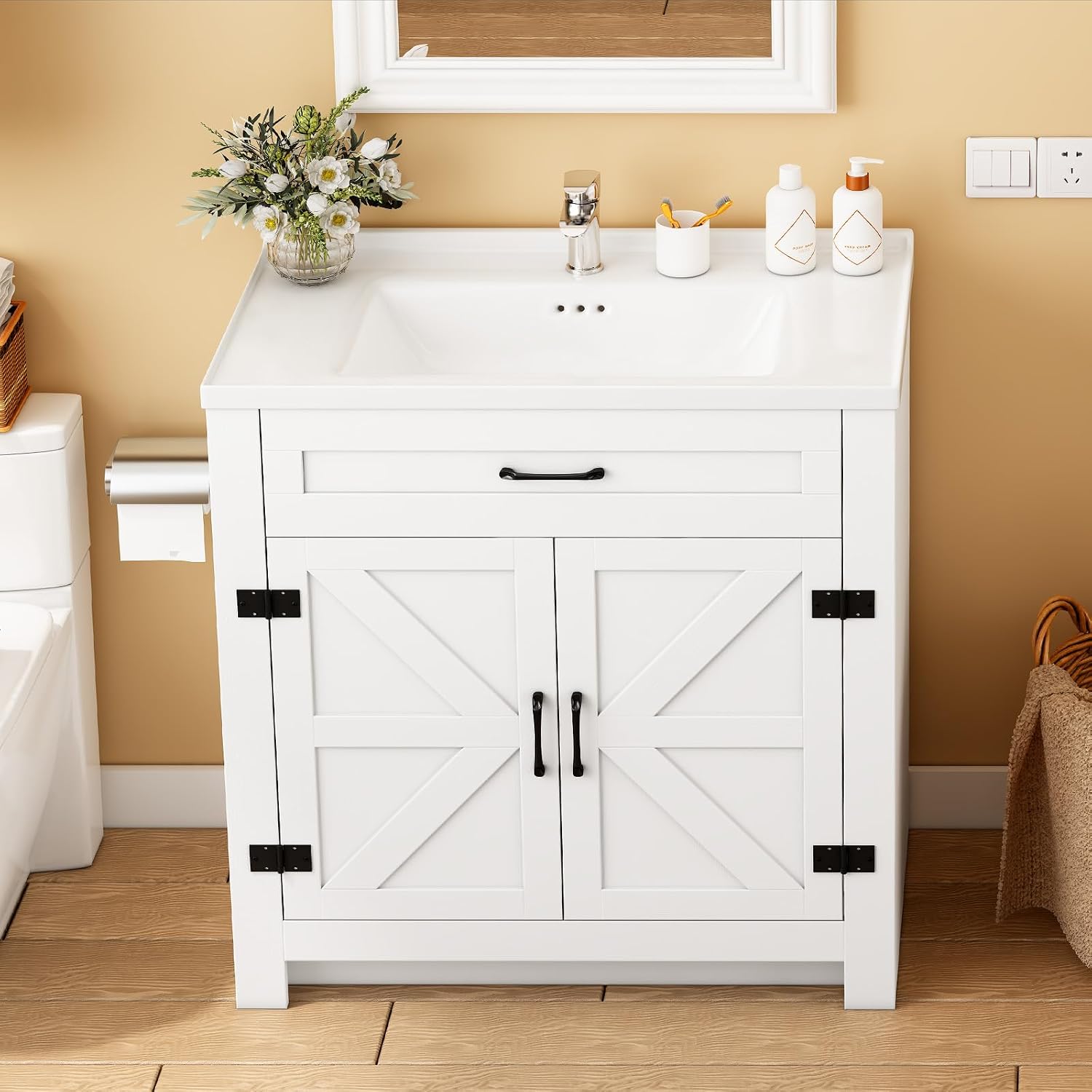 Bathroom Vanity, 32' Bathroom Vanity with Ceramic Sink, Farmhouse Bathroom Vanity Cabinet for Small Space, Freestanding Storage Cabinet with Shelf, 2 Doors, Easy Assembly