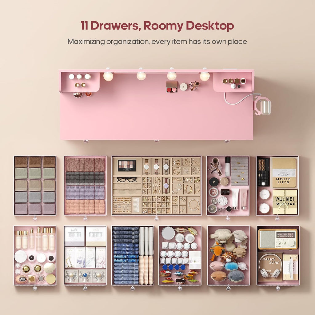 HAUOMS Pink Vanity with Lights and Mirror, 11 Drawer Makeup Vanity with Power Strip, 6 Open Shelves, 43.3' Vanity Desk with Storage, Dressing Table with 3 Color Modes for Bedroom, Women, Girls (Pink)