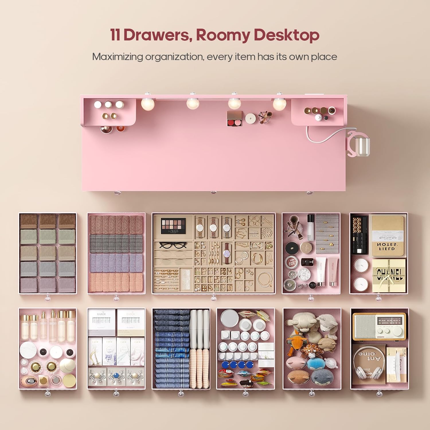 HAUOMS Pink Vanity with Lights and Mirror, 11 Drawer Makeup Vanity with Power Strip, 6 Open Shelves, 43.3' Vanity Desk with Storage, Dressing Table with 3 Color Modes for Bedroom, Women, Girls (Pink)