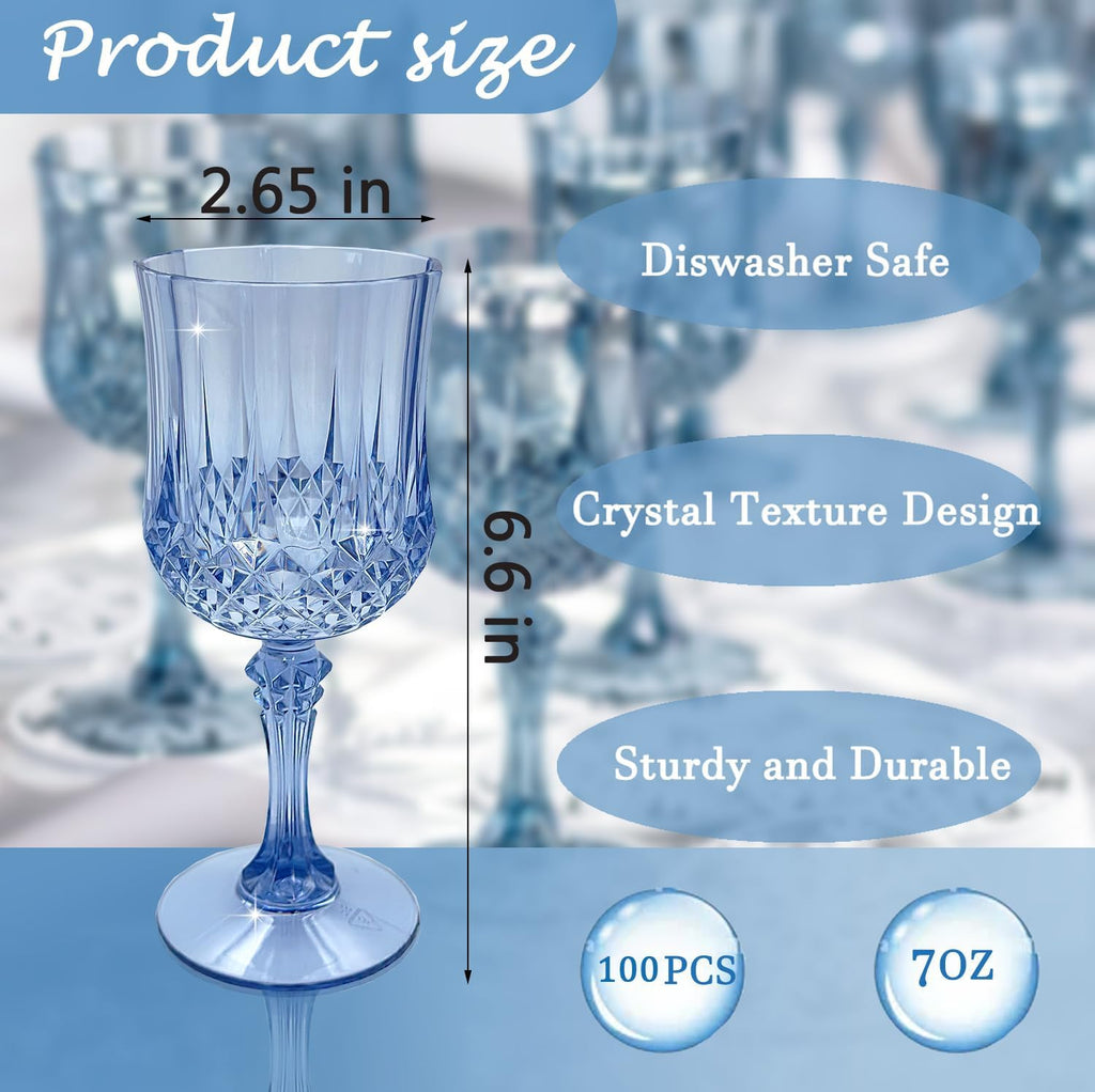 Plastic Wine Glasses, Plastic Goblets Vintage Style Cordial Unbreakable Drinking Glasses, Reusable Drinkware for Wedding Reception, Grand Event Party Supplies (100, Blue)