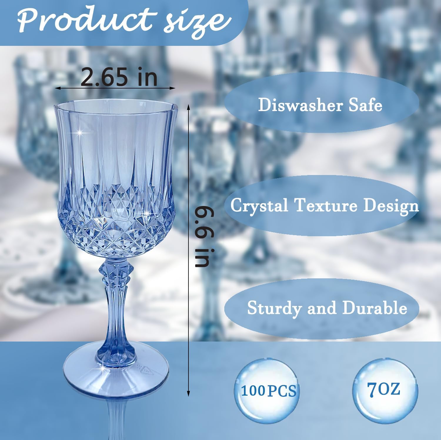 Plastic Wine Glasses, Plastic Goblets Vintage Style Cordial Unbreakable Drinking Glasses, Reusable Drinkware for Wedding Reception, Grand Event Party Supplies (100, Blue)