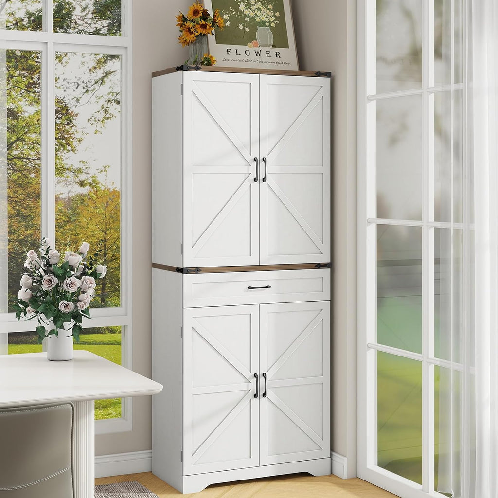 Halitaa 72' Tall Farmhouse Pantry Storage Cabinet with Organizer - Large Capacity Freestanding Cupboard for Kitchen, Dining Room, Living Room, White