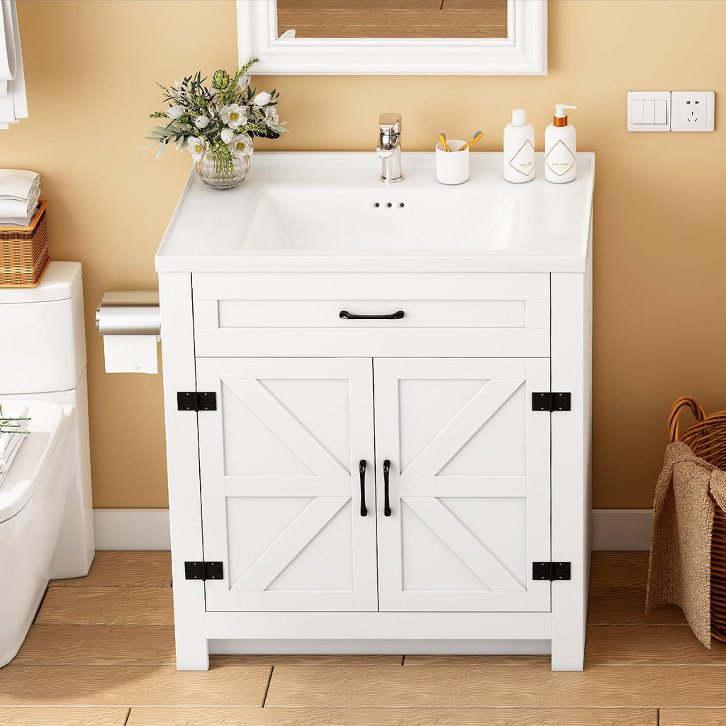 Bathroom Vanity, 24' Bathroom Vanity with Ceramic Sink, Farmhouse Bathroom Vanity Cabinet for Small Space, Freestanding Storage Cabinet with Shelf, 2 Doors, Easy Assembly