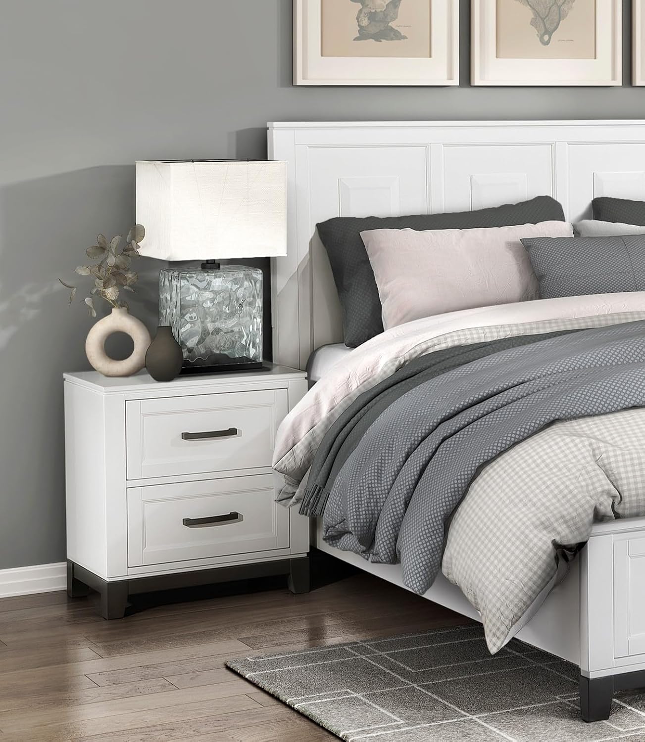 5 Pieces King Size Bedroom Set White Finish Platform Bed with Storage Footboard Wooden Furniture