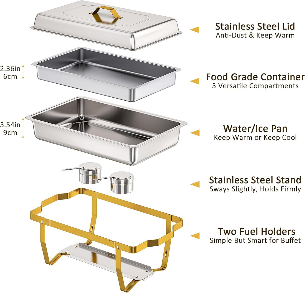 4 Pack Stainless Steel Chafing Dishes for Buffet, 9 QT Capacity with 7 Pans and Serving Utensils Food Warmers for Parties, Weddings, Events Hosting, Family Gatherings,Upgraded Base Design