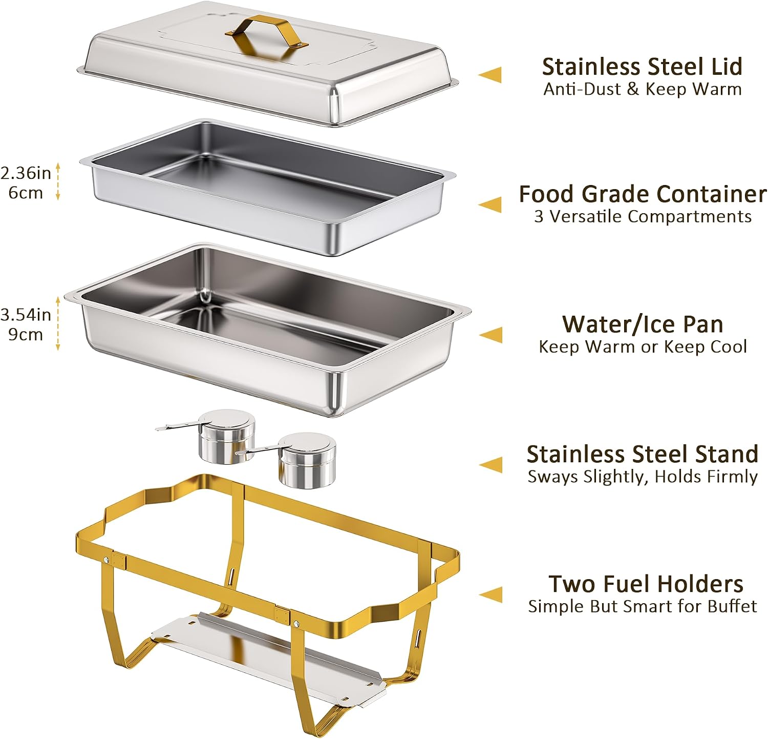 4 Pack Stainless Steel Chafing Dishes for Buffet, 9 QT Capacity with 7 Pans and Serving Utensils Food Warmers for Parties, Weddings, Events Hosting, Family Gatherings,Upgraded Base Design