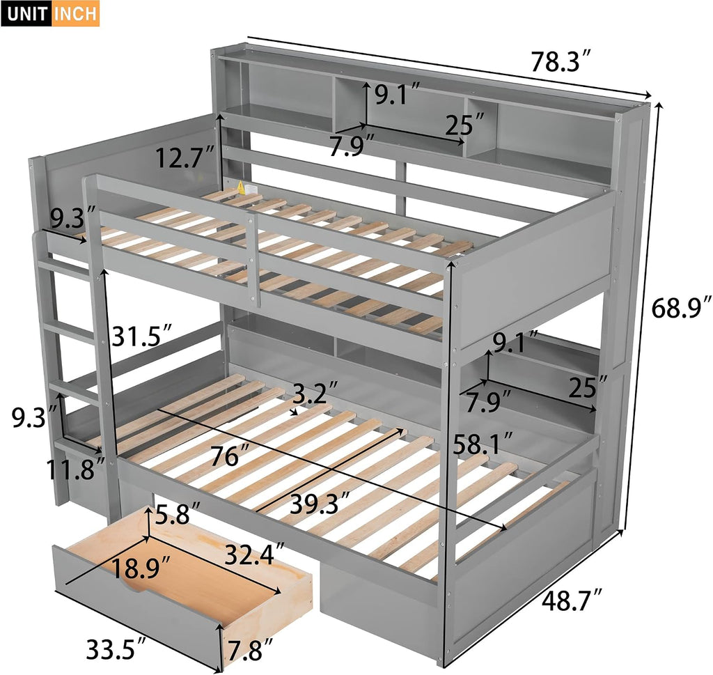 RUNNA Unique Solid Wood Bunk Bed with Storage Drawer and Built-in Shelves,Twin Size Bunk Bed with Safeguard Railings and Ladder,for Kids Teens Bedroom Use (Gray#q)