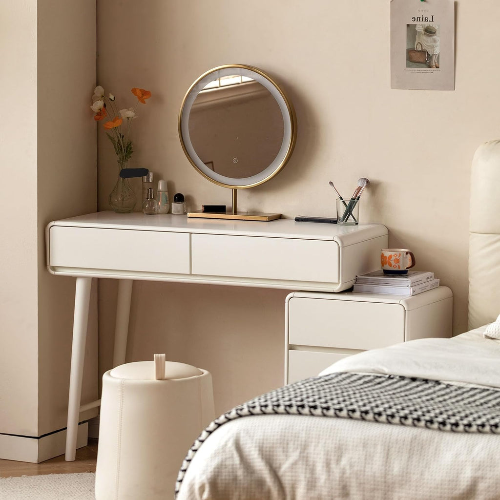 YESWOOD Extendable Makeup Vanity Desk, Solid Rubber Wood Dressing Table with Cabinet, Makeup Desk and Vanity Table for Bedroom, White, No Chair and No Mirror