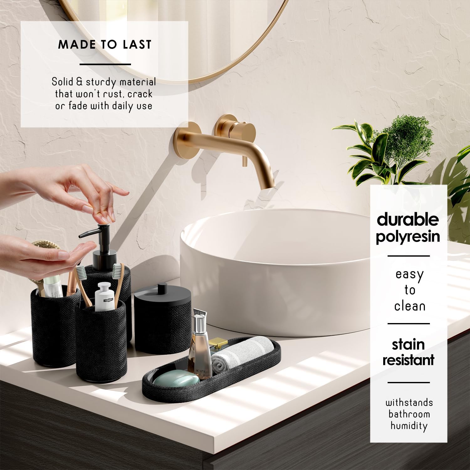 Hearth & Harbor Bathroom Set - Black Bathroom Accessories Set, 19PC Bathroom Accessory Set, Bathroom Sets with Shower Curtain Set, Soap Dispenser & Toothbrush Holder