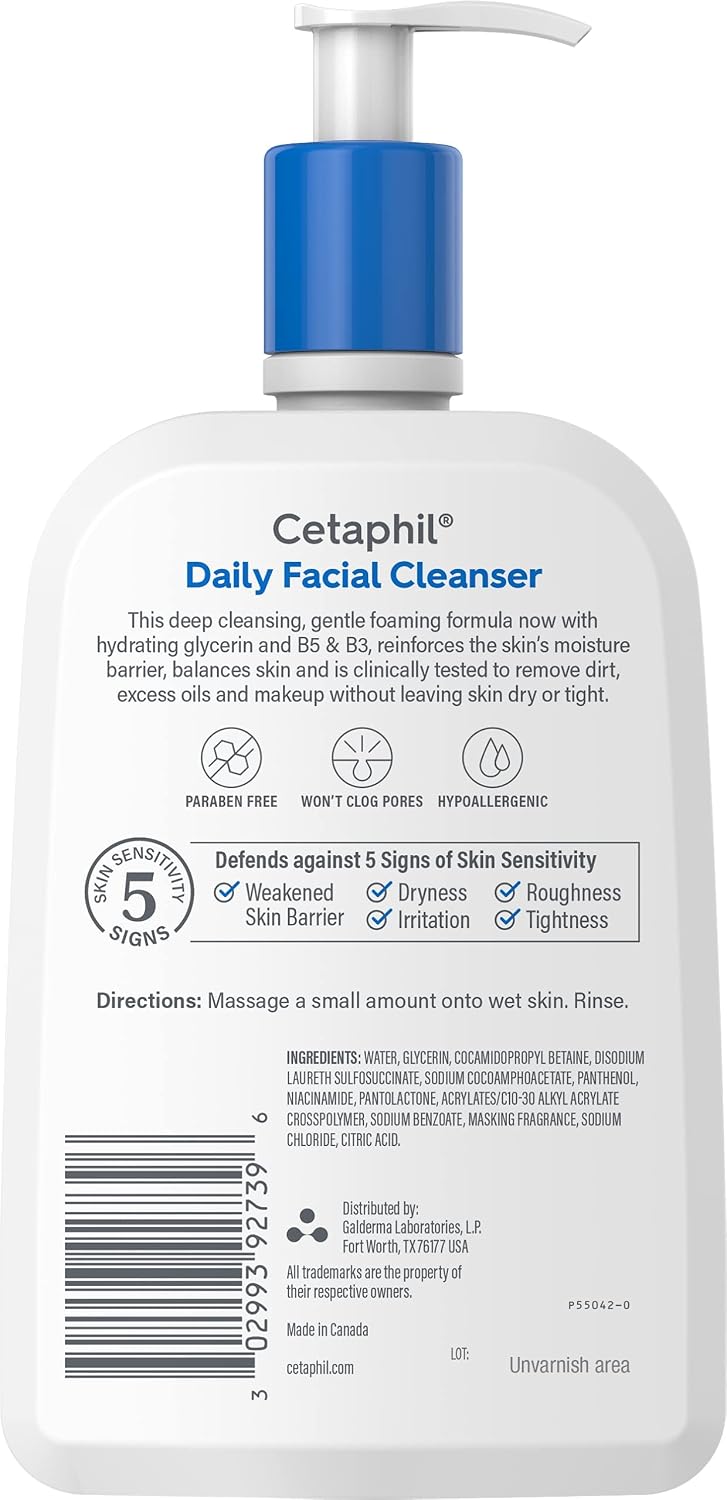 Cetaphil Face Wash, Daily Facial Cleanser for Sensitive, Combination to Oily Skin, 20 oz, Gentle Foaming, Soap Free, Hypoallergenic, Pack of 12