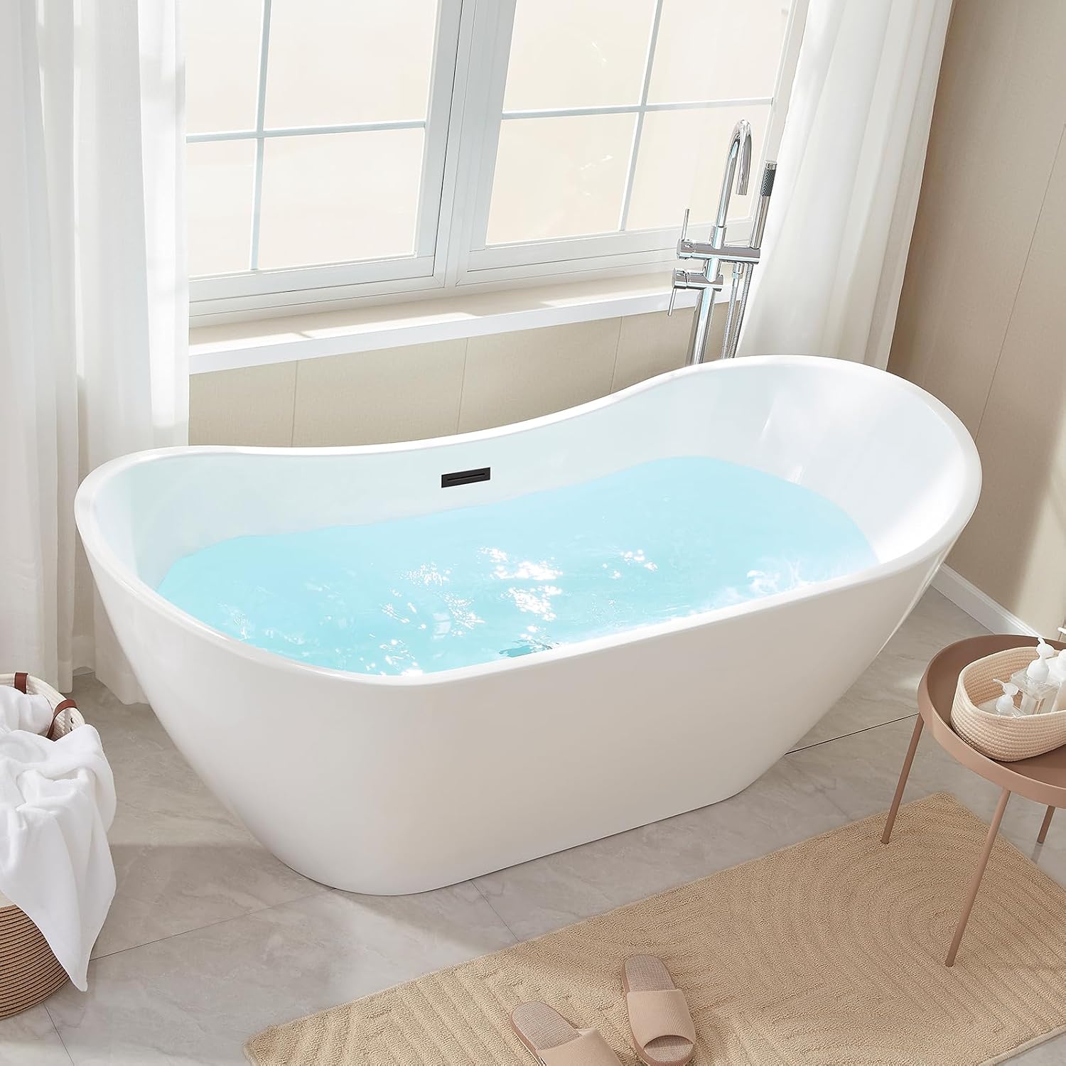 Vanity Art 71' Freestanding Bathtub | Free Standing Tub Stand Alone Tub with Contemporary Design for Soaking and Bathing, Overflow and Pop-up Drain with UPC Certified, Acrylic, VA6517-MB