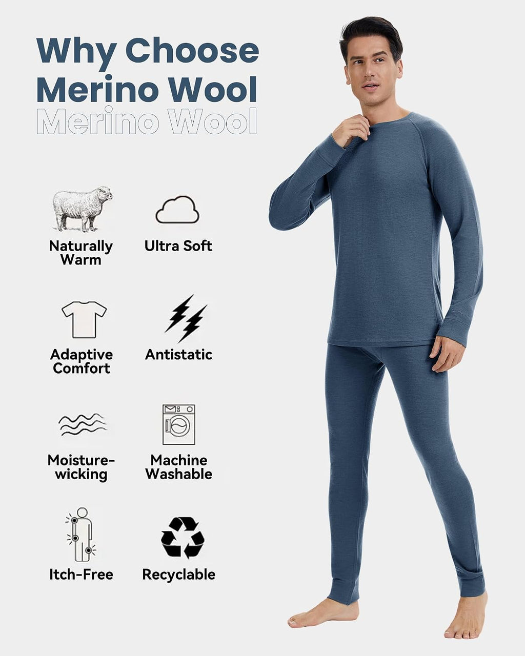 Men's 100% Merino Wool Base Layer Sets - Lightweight Thermal Underwear Gifts Pack with Wool Beanie