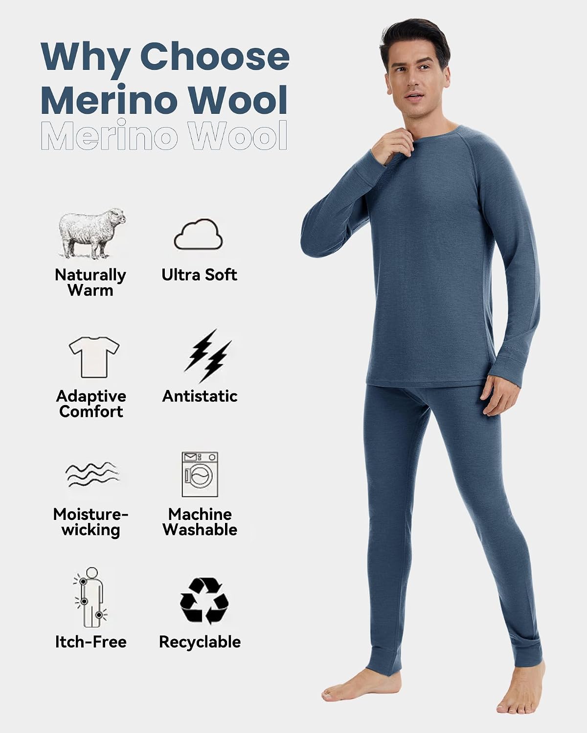 Men's 100% Merino Wool Base Layer Sets - Lightweight Thermal Underwear Gifts Pack with Wool Beanie