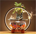 Indoor Fountain/Water Fountain Indoor Relaxation Desktop Ceramic Tabletop Fountain with Glass Fish Tank, Wooden Base and Led Light, Indoor Zen Desktop Relaxin,D
