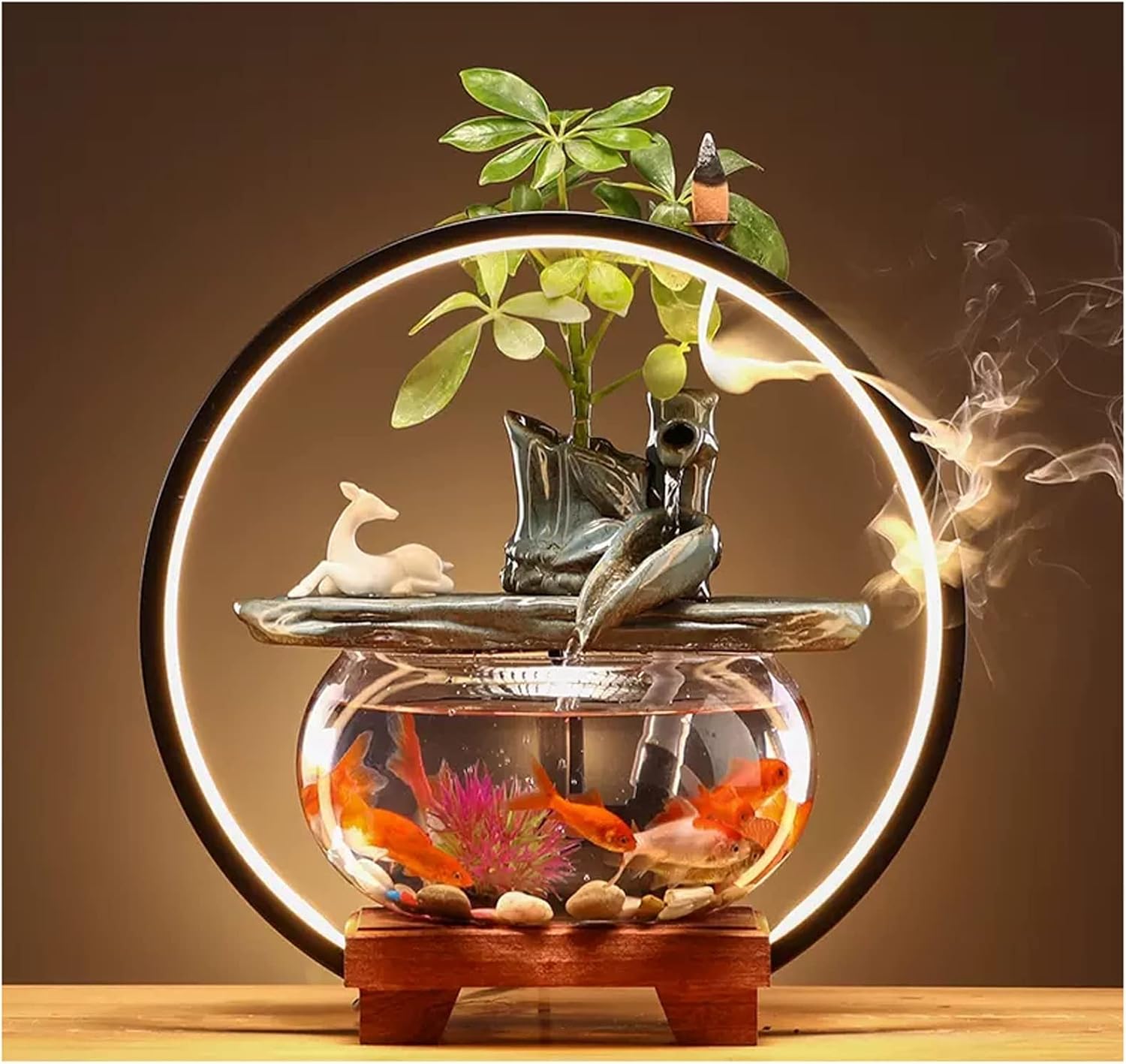 Indoor Fountain/Water Fountain Indoor Relaxation Desktop Ceramic Tabletop Fountain with Glass Fish Tank, Wooden Base and Led Light, Indoor Zen Desktop Relaxin,D