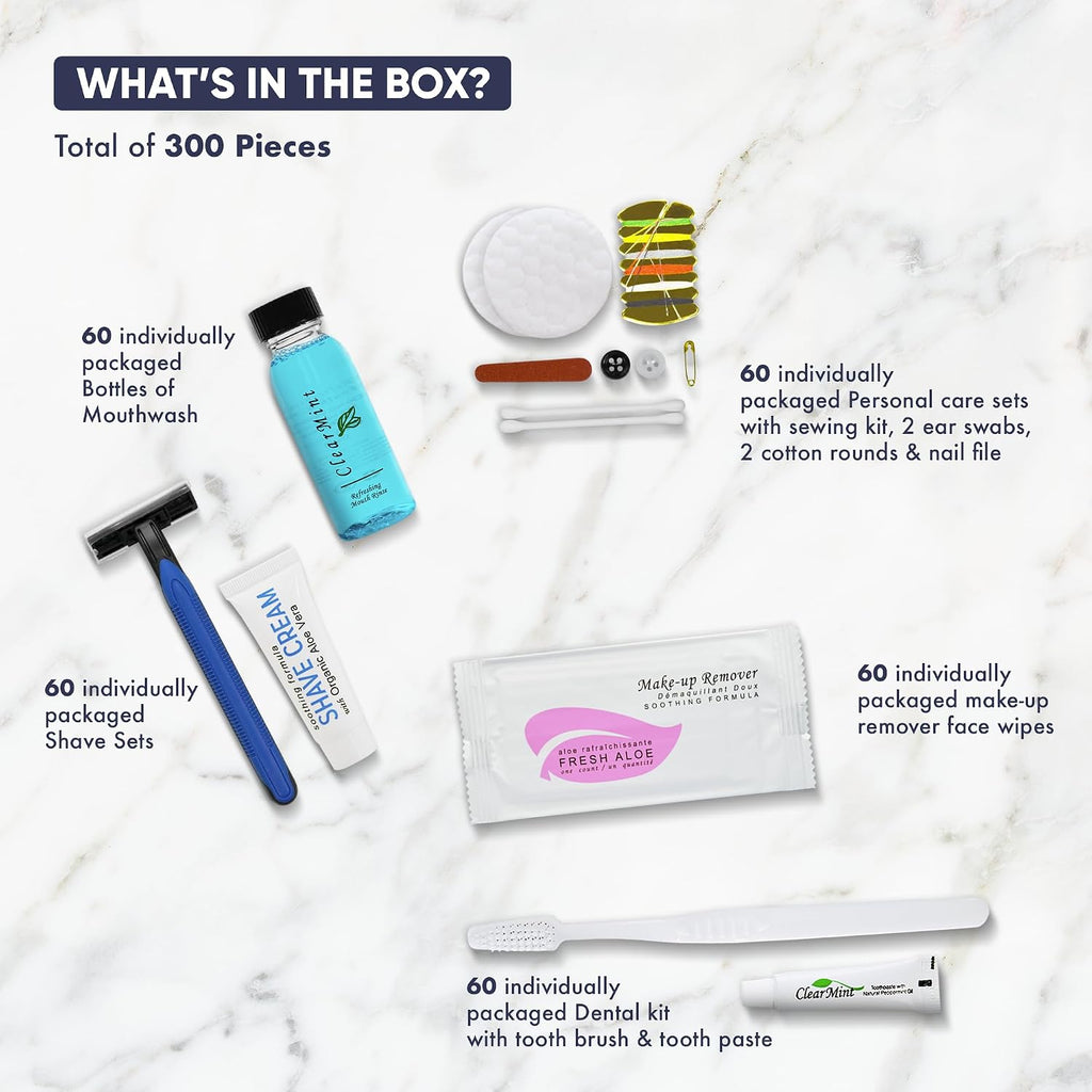 Personal Care Travel Toiletries | 1-Shoppe Amenities Kit | Travel Shaving Set, Toothbrush & Paste, Mouthwash, Makeup Wipes, Swabs, Nail File & Sewing Kit | 300 Pieces