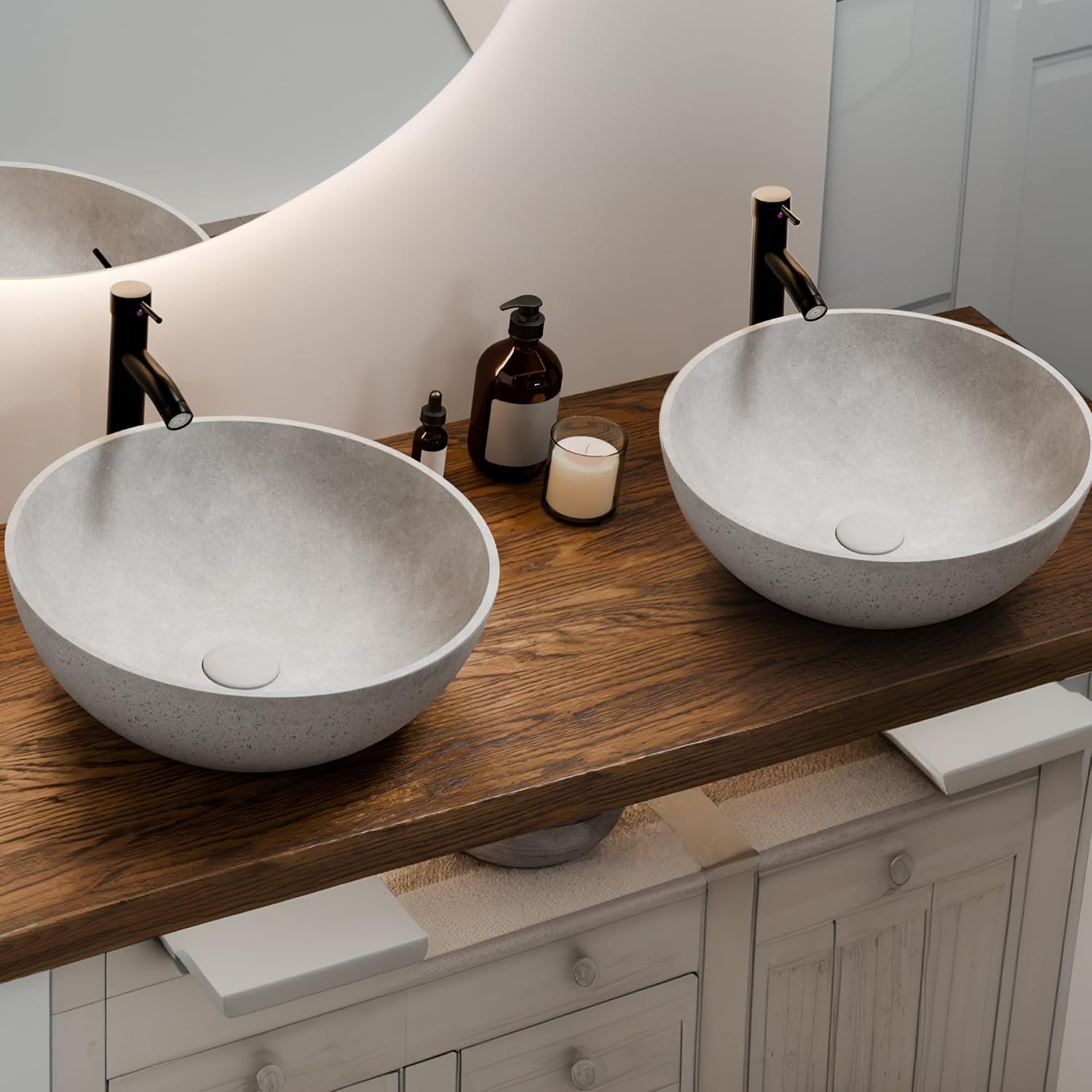 Design Vessel Sink Concrete Bathroom Sink above Counter Small Vessel Sink Bathroom Sink Bowl Countertop Modern Sinks with Faucet and Drain Combo 15.7' Round Gray
