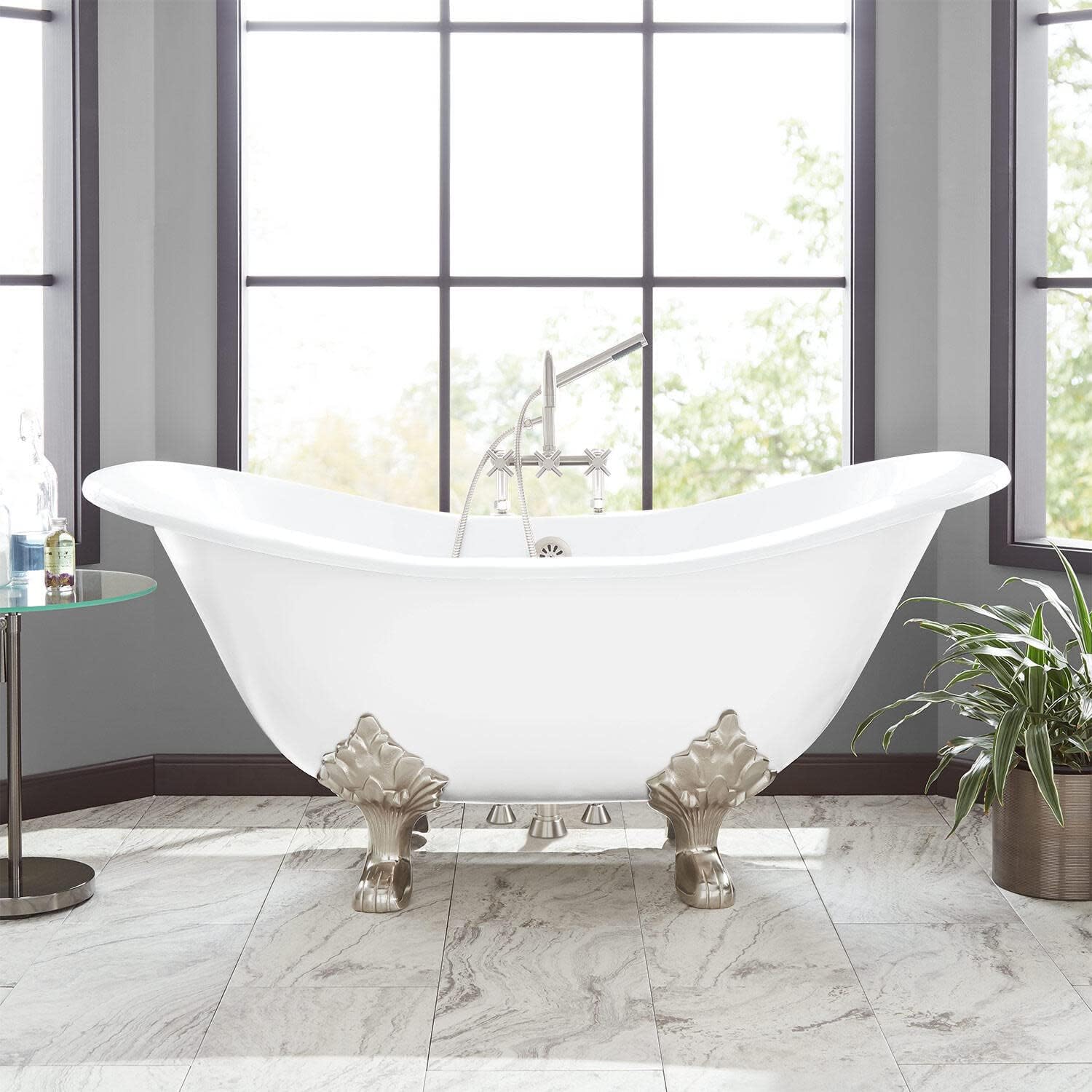Signature Hardware 915546-72-RH-ND Arabella 72' Cast Iron Soaking Clawfoot Tub with Pre-Drilled Overflow Hole and 7' Rim Holes - Less Drain - White/Chrome Feet