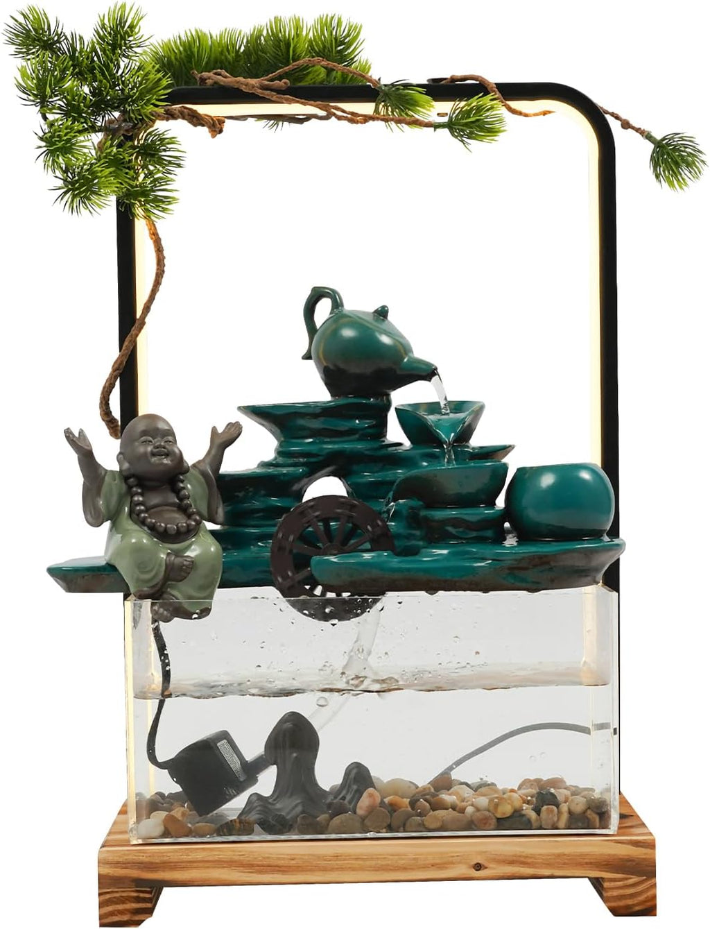 Tabletop Water Fountains, H18in Indoor Waterfall Clear Fish Tank, Backflow Incense Holder Feng Shui Decor for Meditation Living Room, Fish Tank Size W10*D4.7*H5in