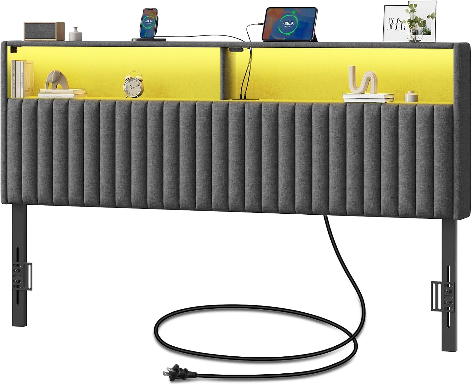 Rolanstar Headboard for King Size Bed with Storage, Head Board with USB & Type C Port, 60,000 DIY Color of LED Light, Velvet Upholstered, Height Adjustable, Sturdy, Easy Assembly, Grey